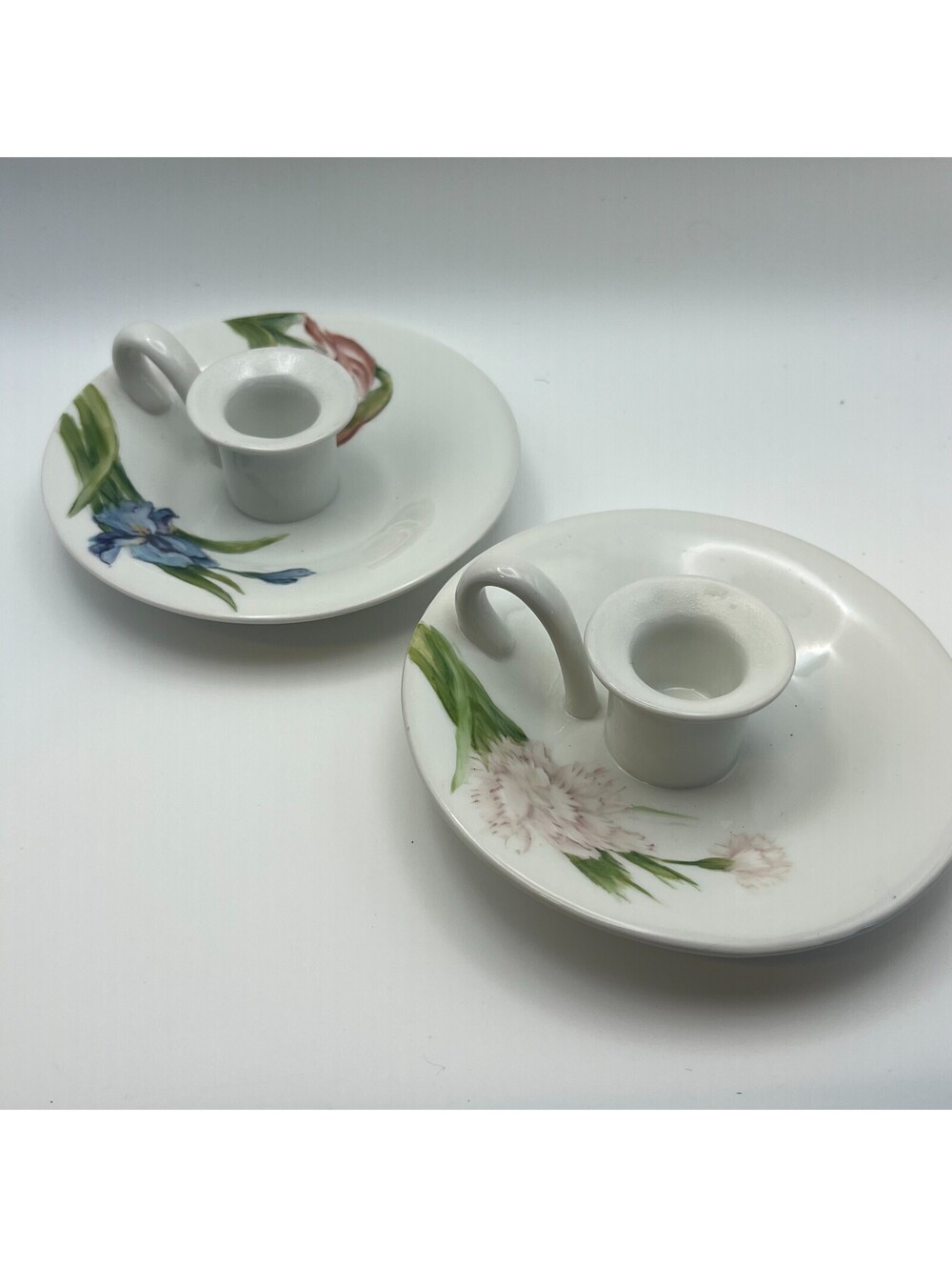 Vintage 1990s Hand Painted Floral Candle Holders Pair Signed C Muller